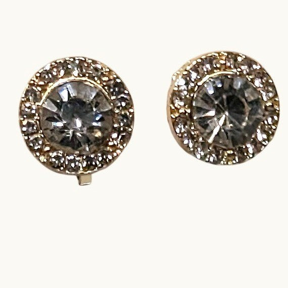 New Clip-On Earrings 14K GP Gold PLated Clear Rhinestone Halo Crystal Pave Round