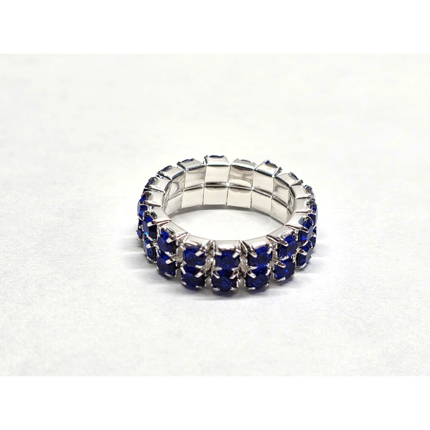 New Blue Rhinestone Stretch Ring Band Two Rows Silver Tone Crystal