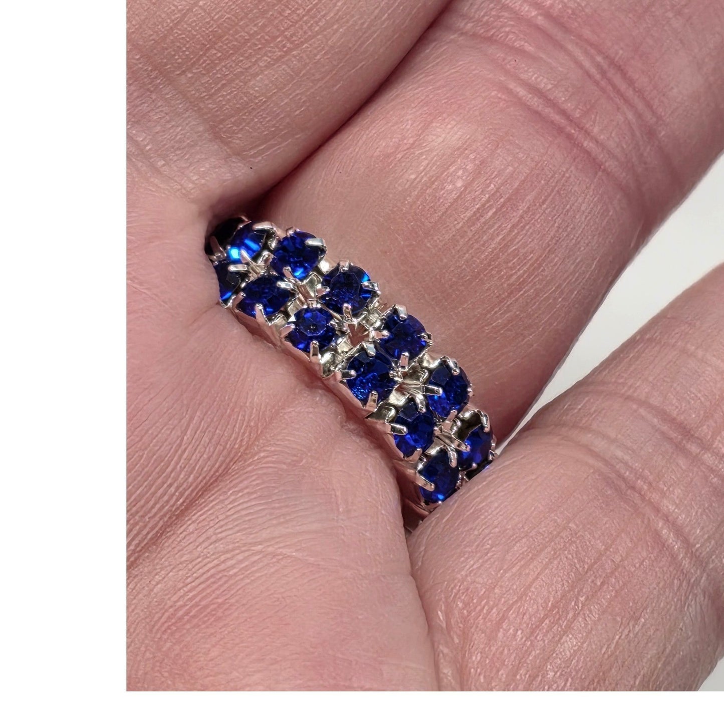 New Blue Rhinestone Stretch Ring Band Two Rows Silver Tone Crystal