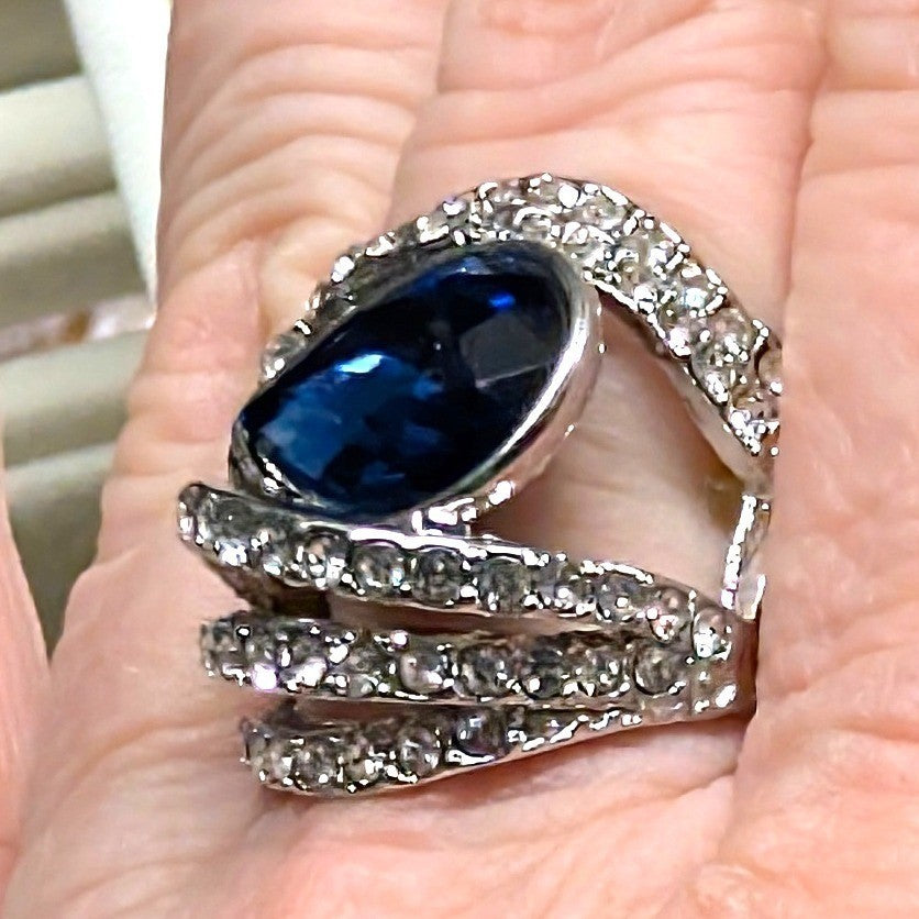 New Chunky Statement Ring Stretch Pear Blue TearDrop Stone Rhinestone SilverTone