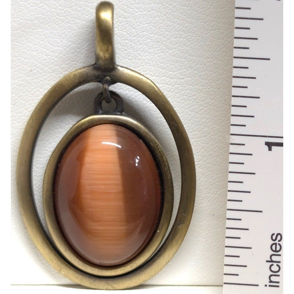Vintage Oval Moving Charm Pendant Brown Tiger Cat Eye Moonstone Style BronzeTone