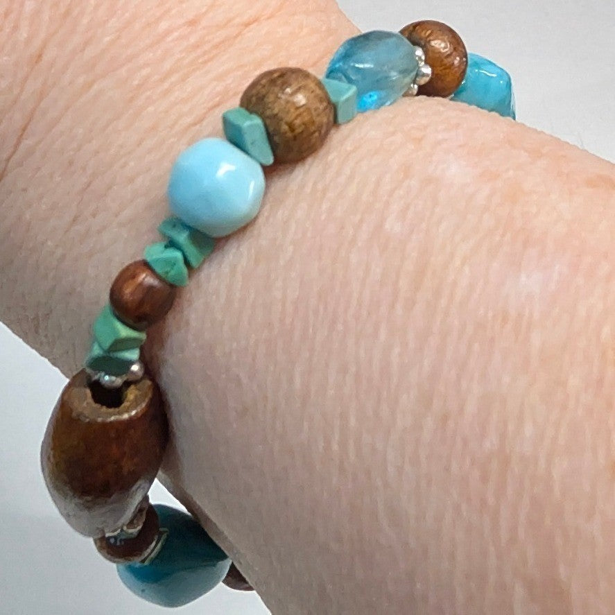 Beaded Stretch Bracelet Blue Brown Wood Glass Stone Beads Boho Eclectic Handmade