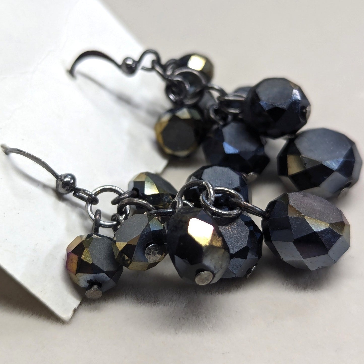 Vintage Cluster Drop Earrings Black Iridescent Beaded Gunmetal Goth Cold Glass