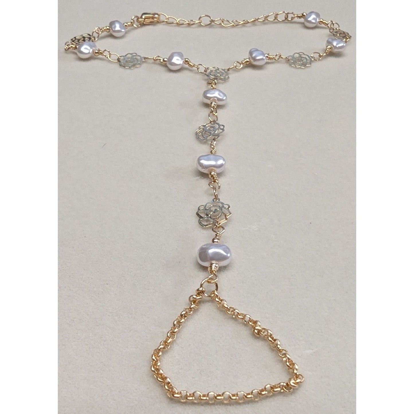 New Hand Slave Bracelet Ring 14K GP Gold PLated Faux Pearl Rose Filigree Boho