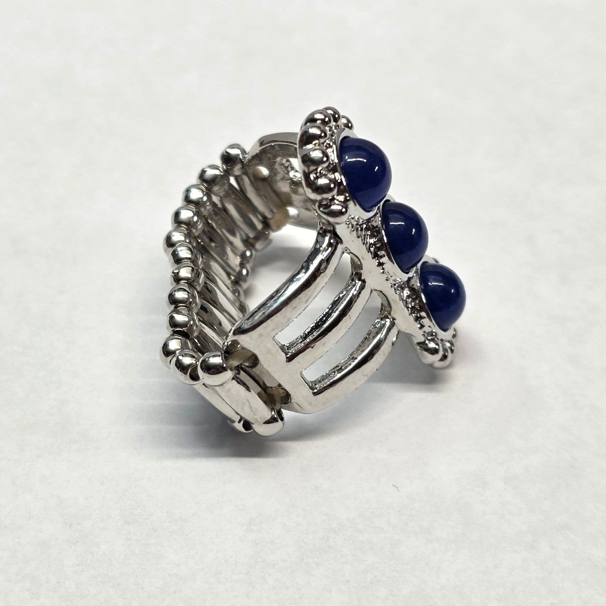 New Ring Blue Silver Tone Stretch Band Beaded 3 Cabochon Stones Statement