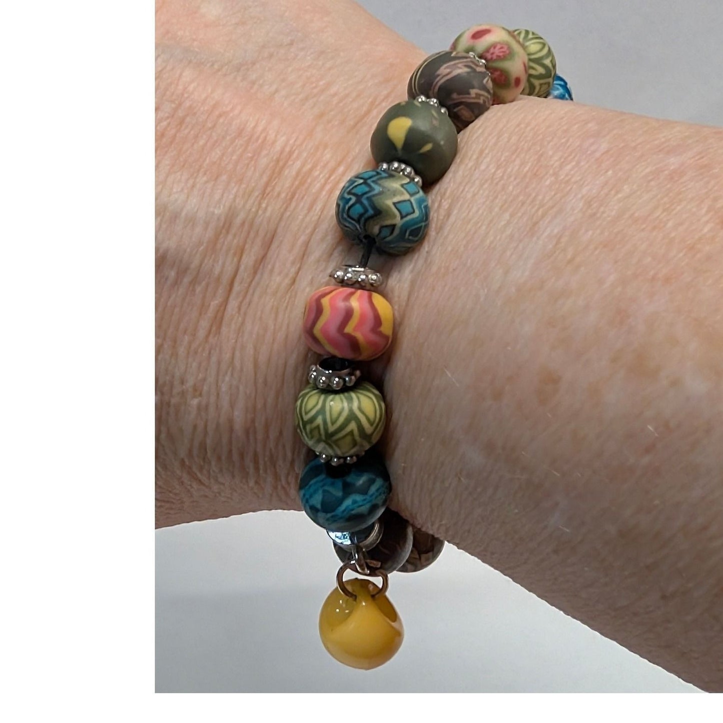 Millefiori Polymer Clay Bead Bracelet Multicolor Handmade Stretch Silver Tone