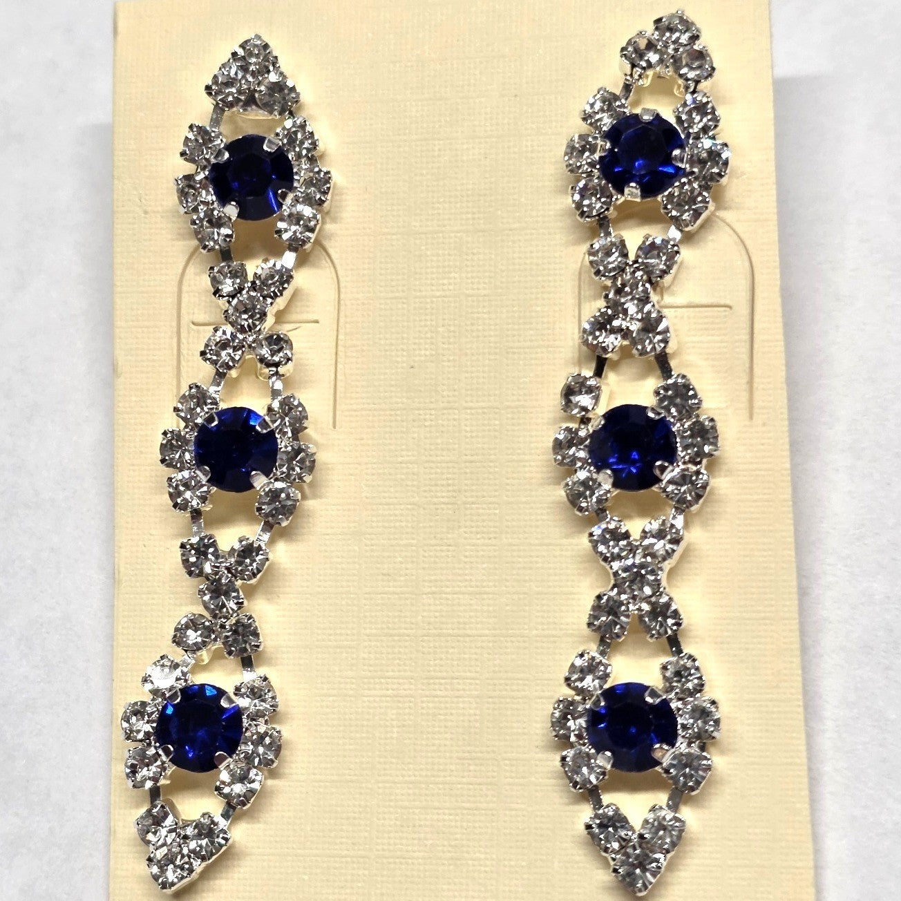 New Blue Clear Rhinestone Crystal Dangle Drop Earrings Silver Tone Art Deco 2"
