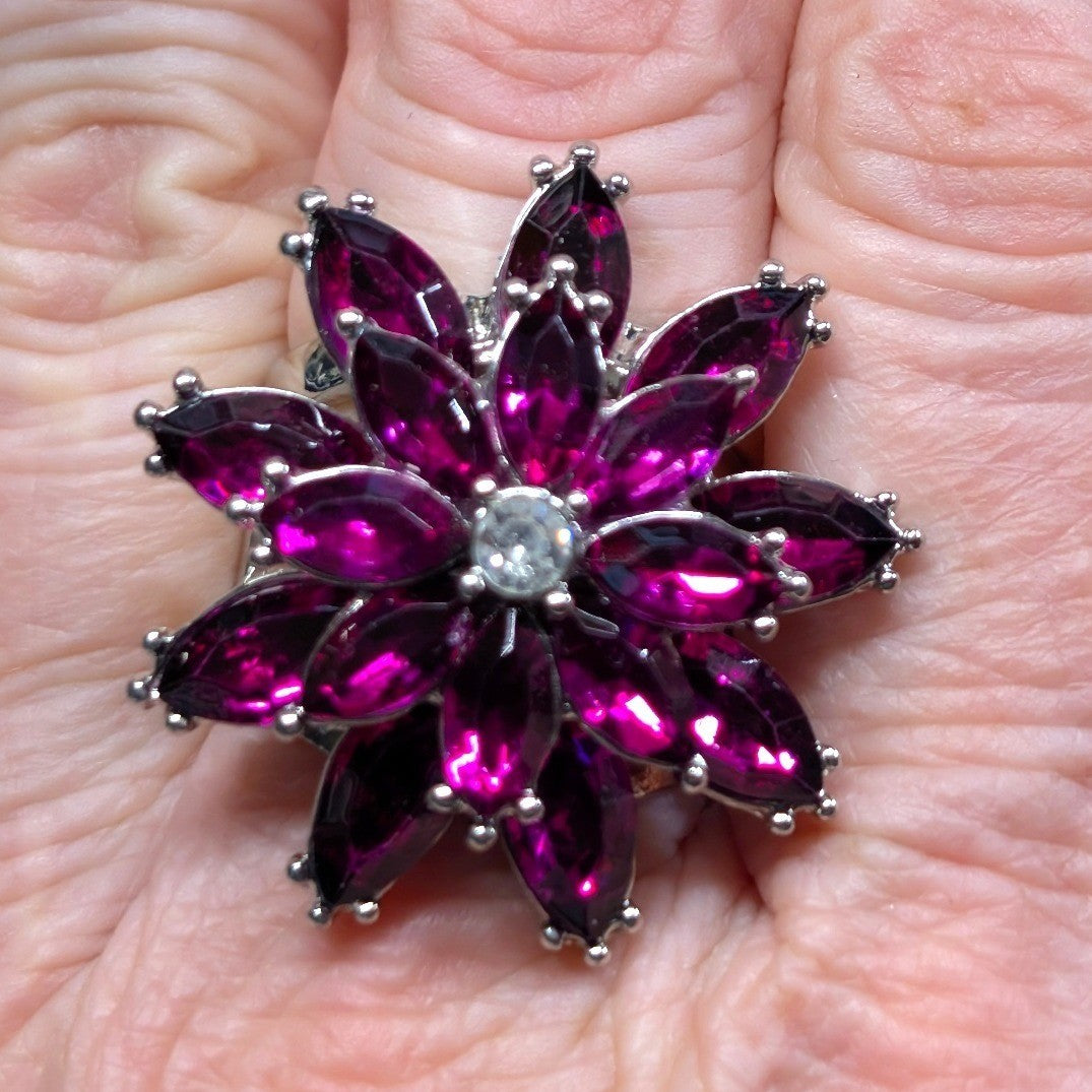 New Huge Flower Floral Statement Ring Purple Marquise Rhinestones Stretch Band
