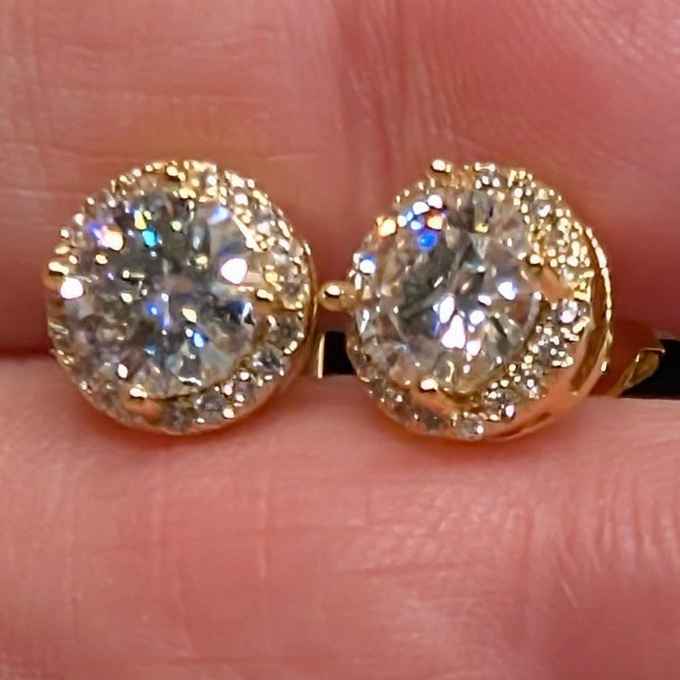 New 14K GP Gold Plated GRA Moissanite Stud Earrings Halo Brilliant Cut 1.0ct D