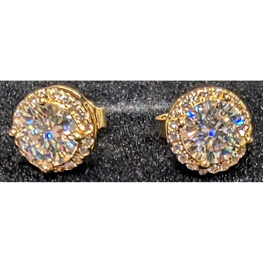 New 14K GP Gold Plated GRA Moissanite Stud Earrings Halo Brilliant Cut 1.0ct D