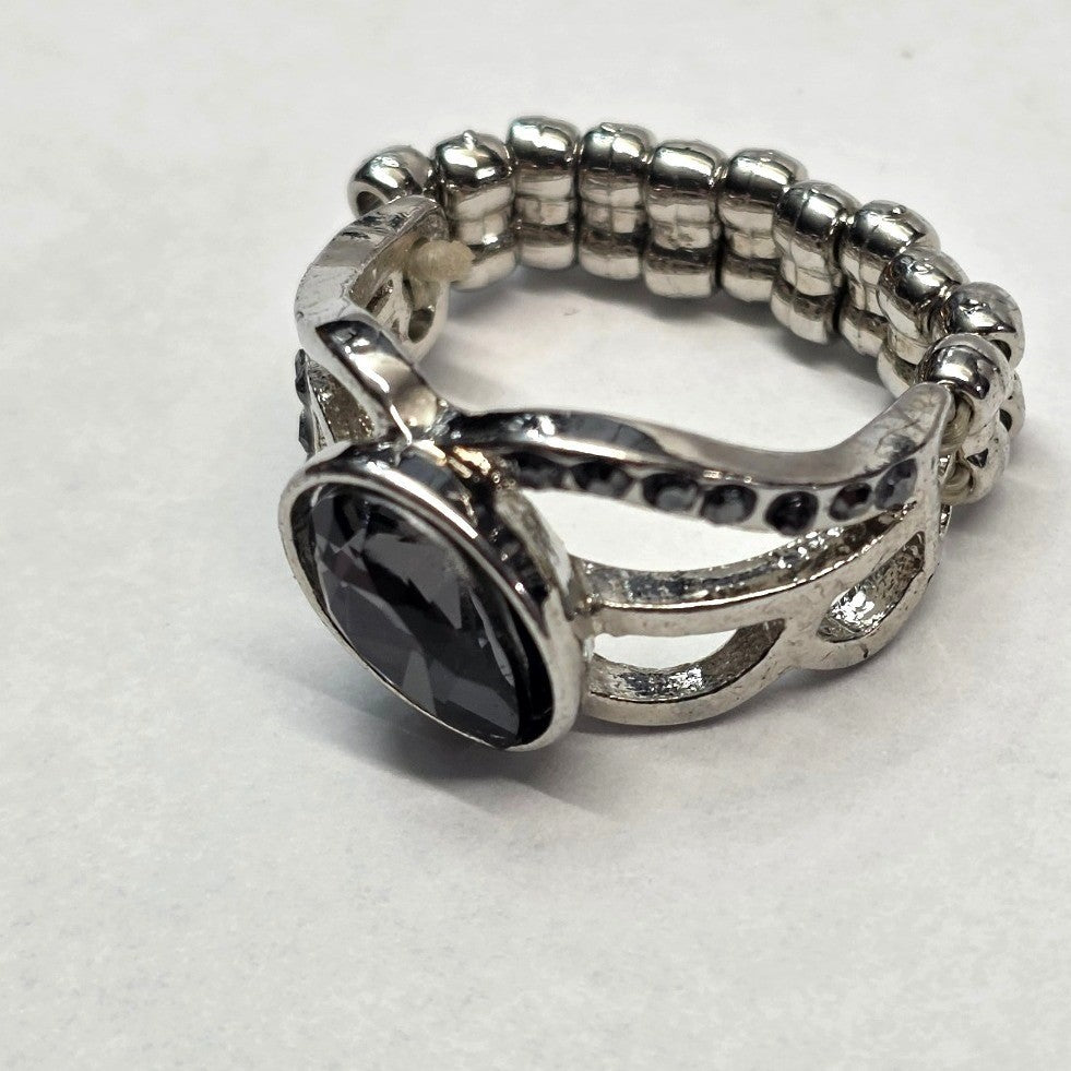 New Stretch Band Ring Silver Tone Black Rhinestone Oval Filigree Cocktail OSFM