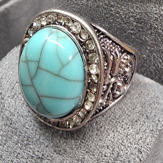 New Chunky Faux Turquoise Cabochon Ring Size 9.5 SilverTone Clear Rhinestones