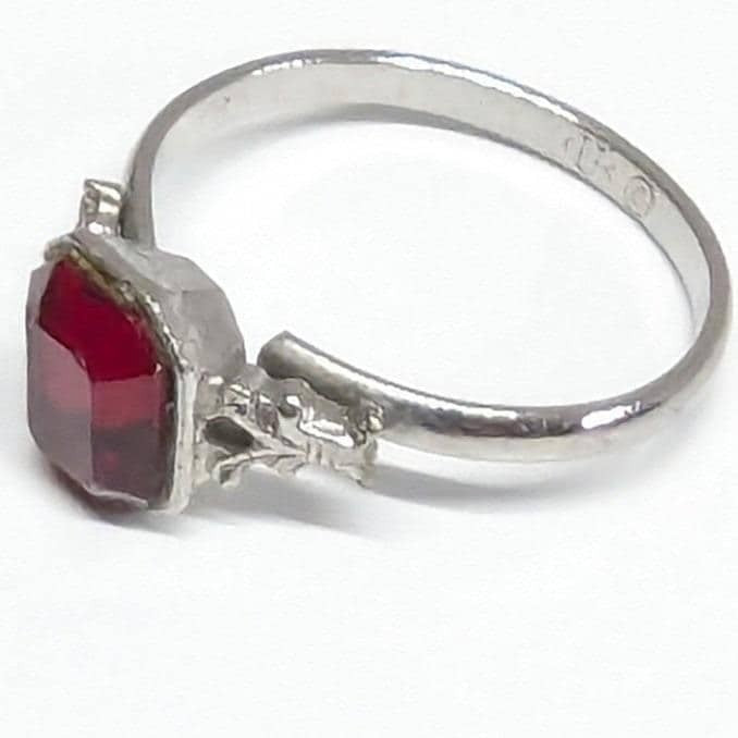 Vintage Uncas Faux Ruby Red Emerald Cut Ring Adjustable Silver Tone Filigree