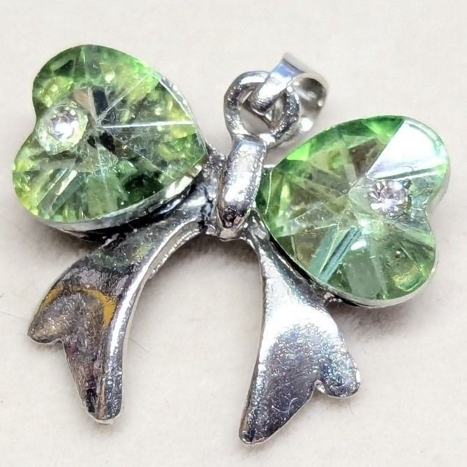 New Bow Heart Pendant Green Silver Tone Crystal Charm Clear Rhinestone
