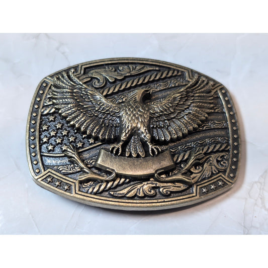 New Bald Eagle American USA Flag Belt Buckle Bronze Tone Patriotic Western Biker