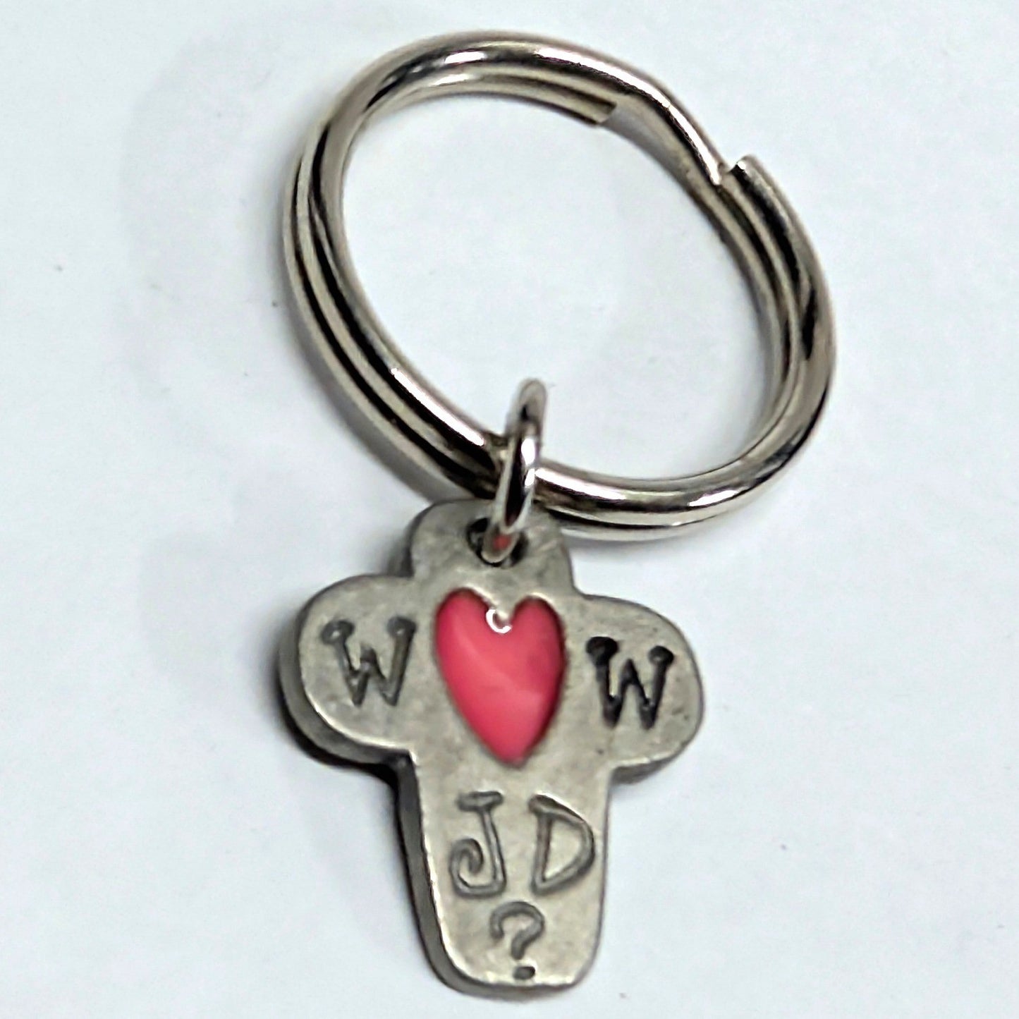 Vintage WWJD Keychain SilverTone Pink Cross Heart What Would Jesus Do Metal