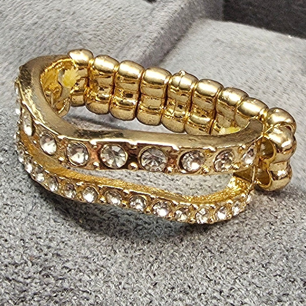 New Double 2 Wave Layers Rows Clear Rhinestone Stretch Ring Band Gold Tone Stack