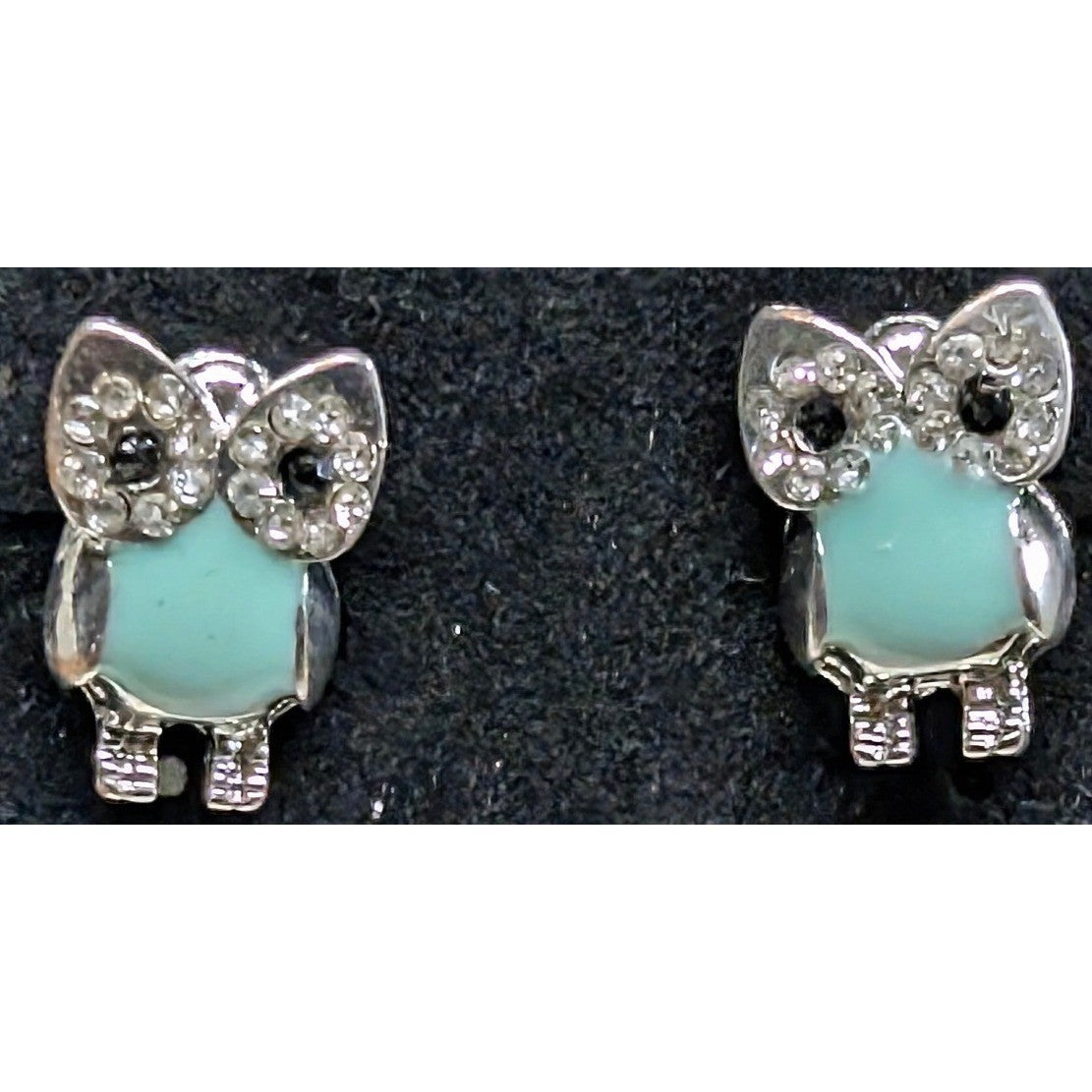 New Owl Earrings Bird Lover Teal Blue Enamel Silver Tone Clear Black Rhinestones