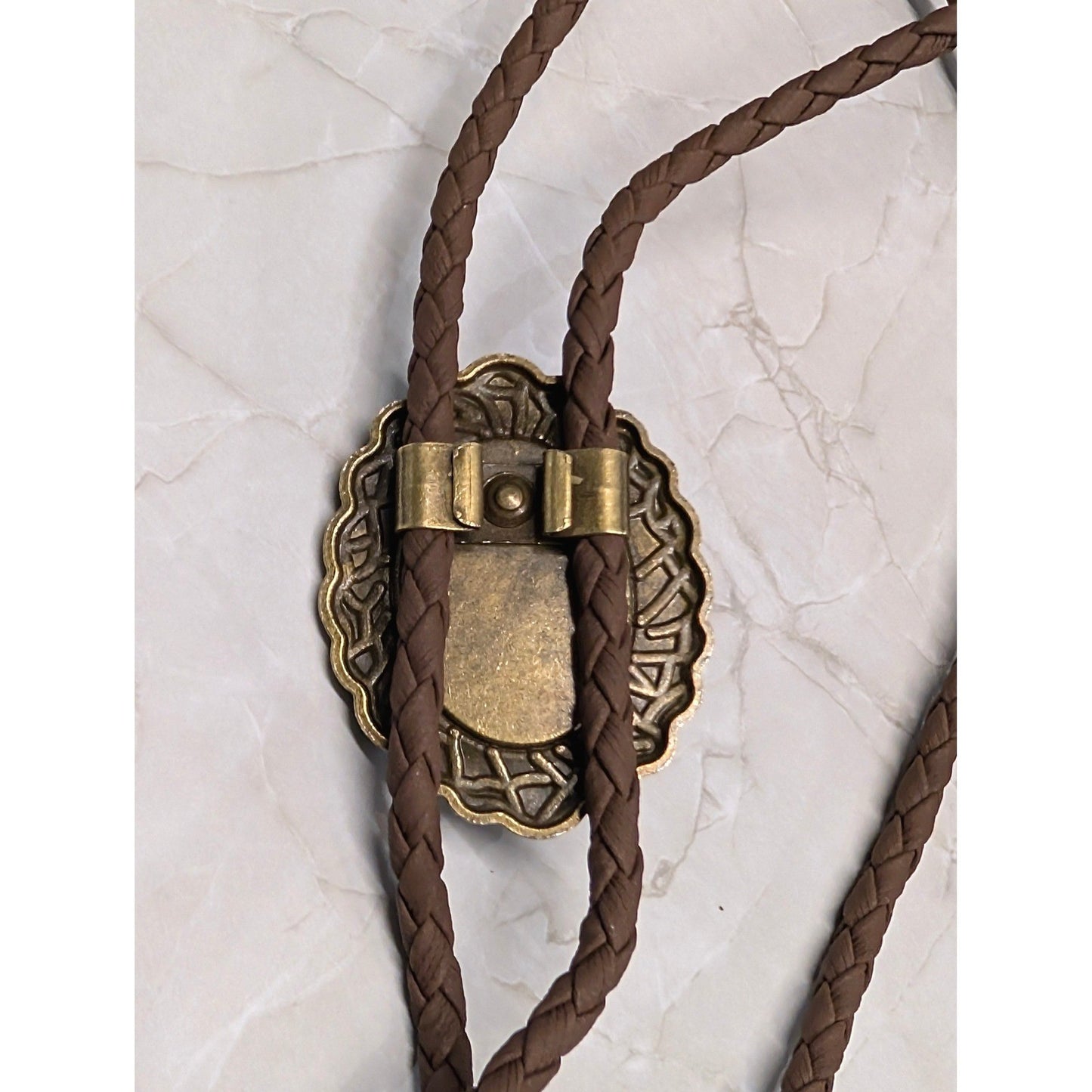 New Bolo Tie Brown Braided Cord Faux Oval Turquoise Stone BrassTone Cowboy Rodeo