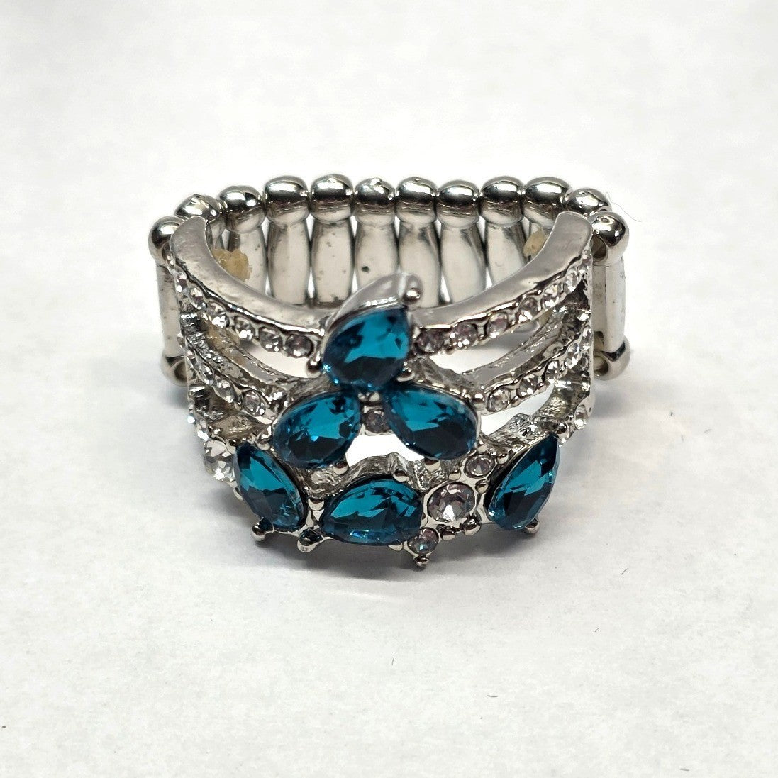 New Teal Blue Clear Rhinestone Stretch Band Ring Plus Size Silver Tone Statement