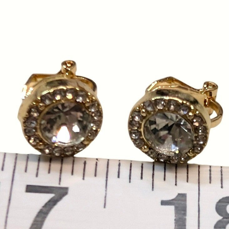 New Clip-On Earrings 14K GP Gold PLated Clear Rhinestone Halo Crystal Pave Round