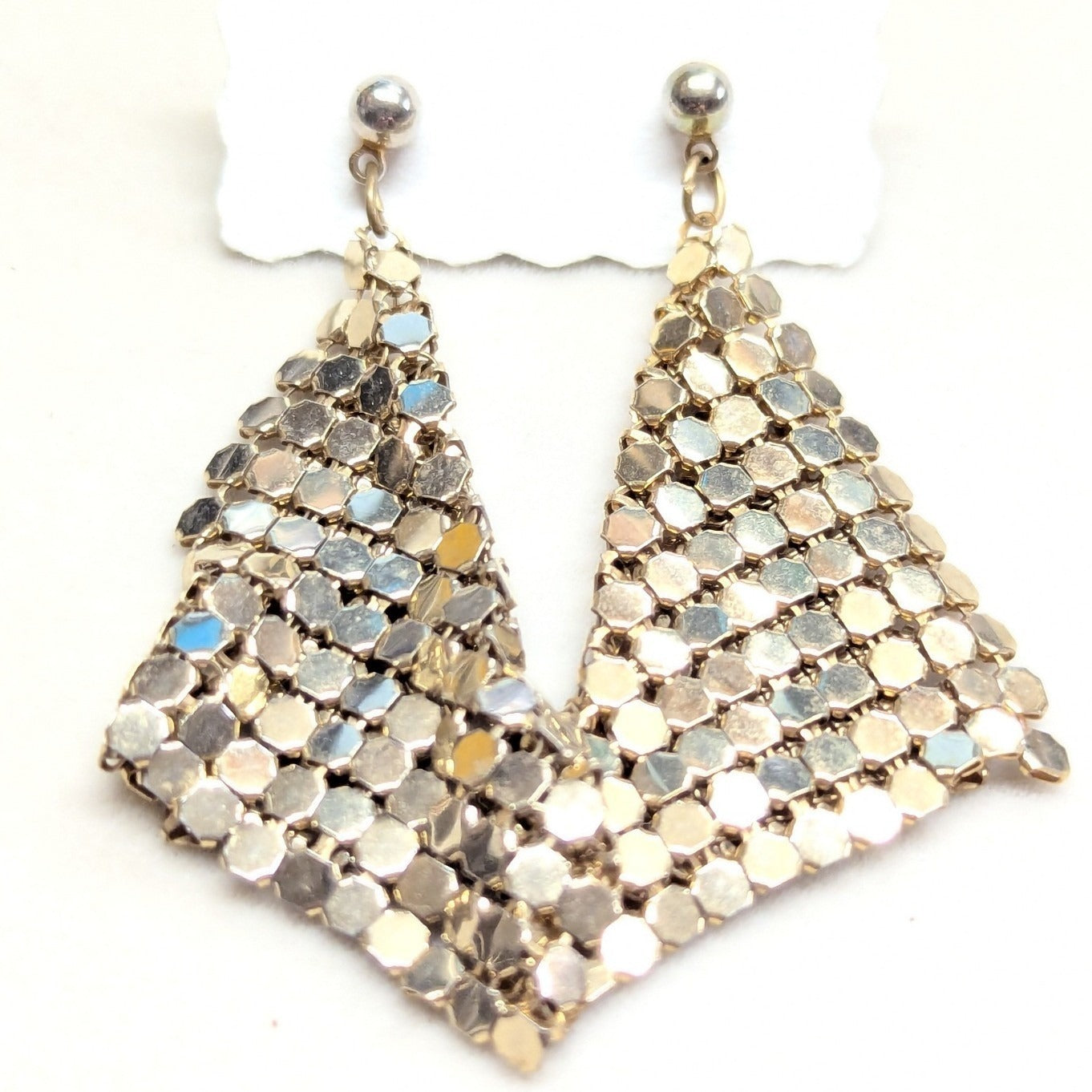 Vintage Mesh Drop Earrings Gold Tone Chainmail Statement Dangle 70s Fluid Disco