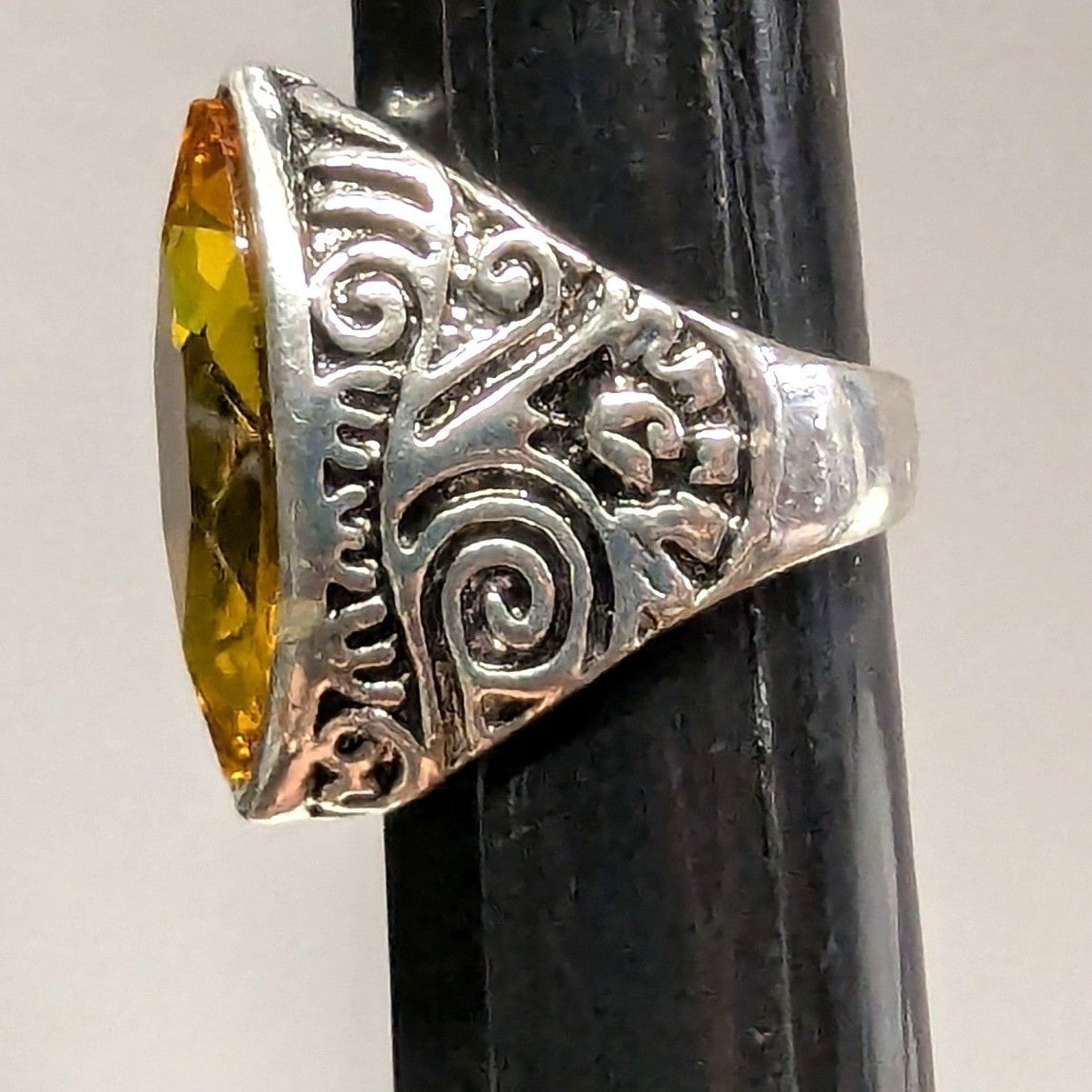 SilverTone Marquise Faceted Yellow Citrine November Statement Ring Plus Size 11