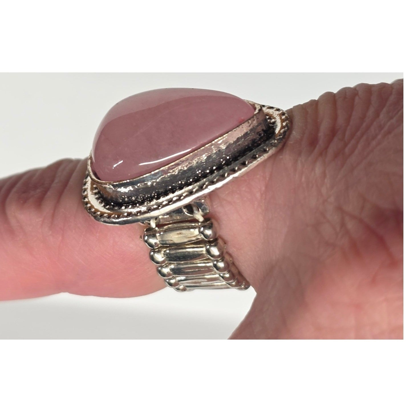 New Cold Pink Tear Drop Pear Stone Statement Ring Silver Tone Stretch Band OSFM