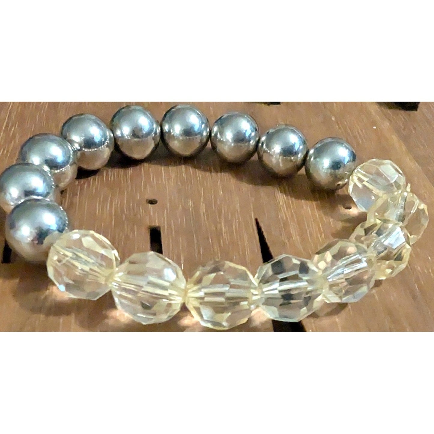 Beaded Stretch Bracelet Silver ToneMetal Clear Faceted Plastic Mixed Media Beads