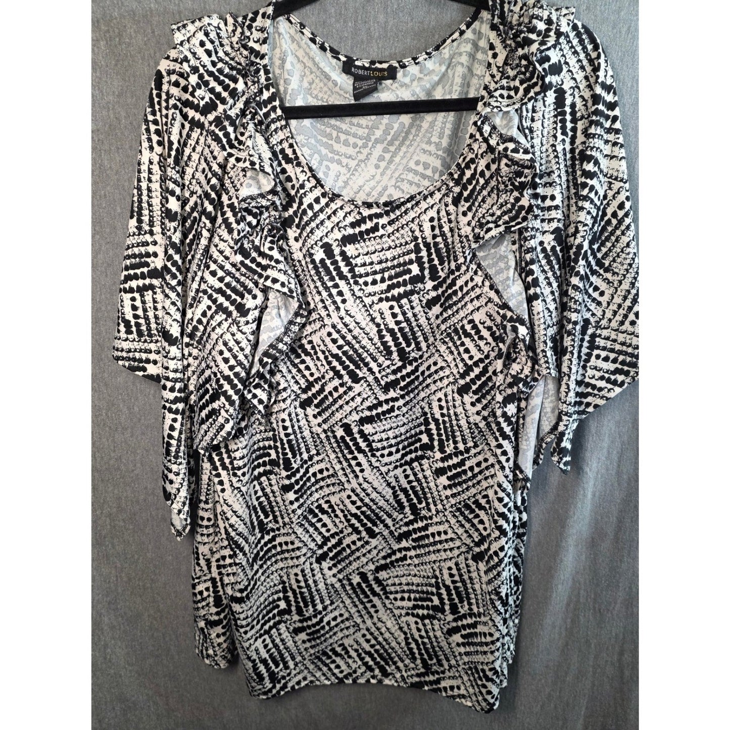 Robert Louis Blouse Plus Size 3X XXX Black White Abstract Ruffle Flutter Sleeve