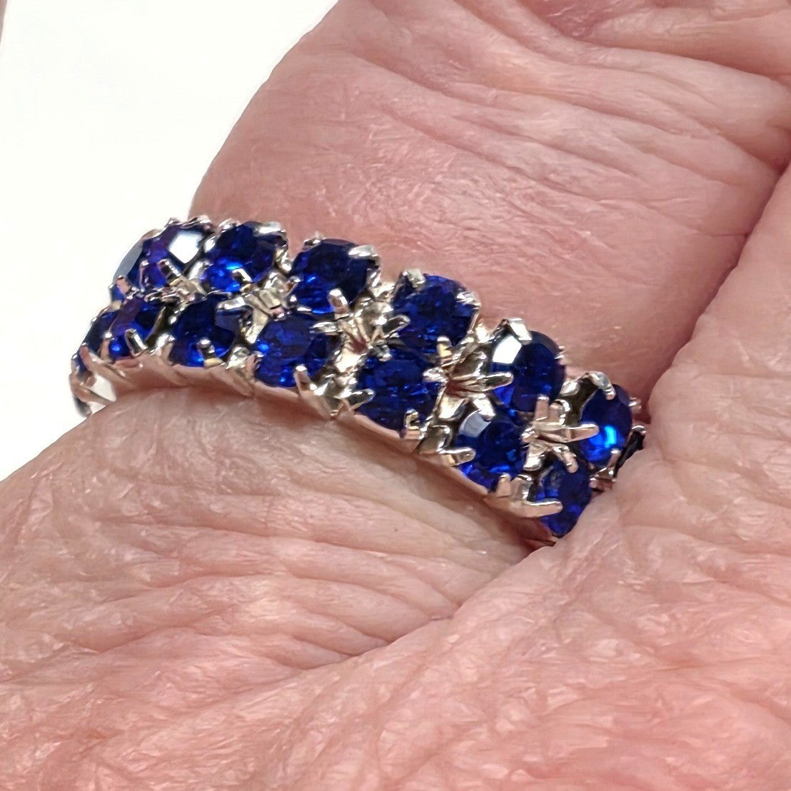 New Blue Rhinestone Stretch Ring Band Two Rows Silver Tone Crystal