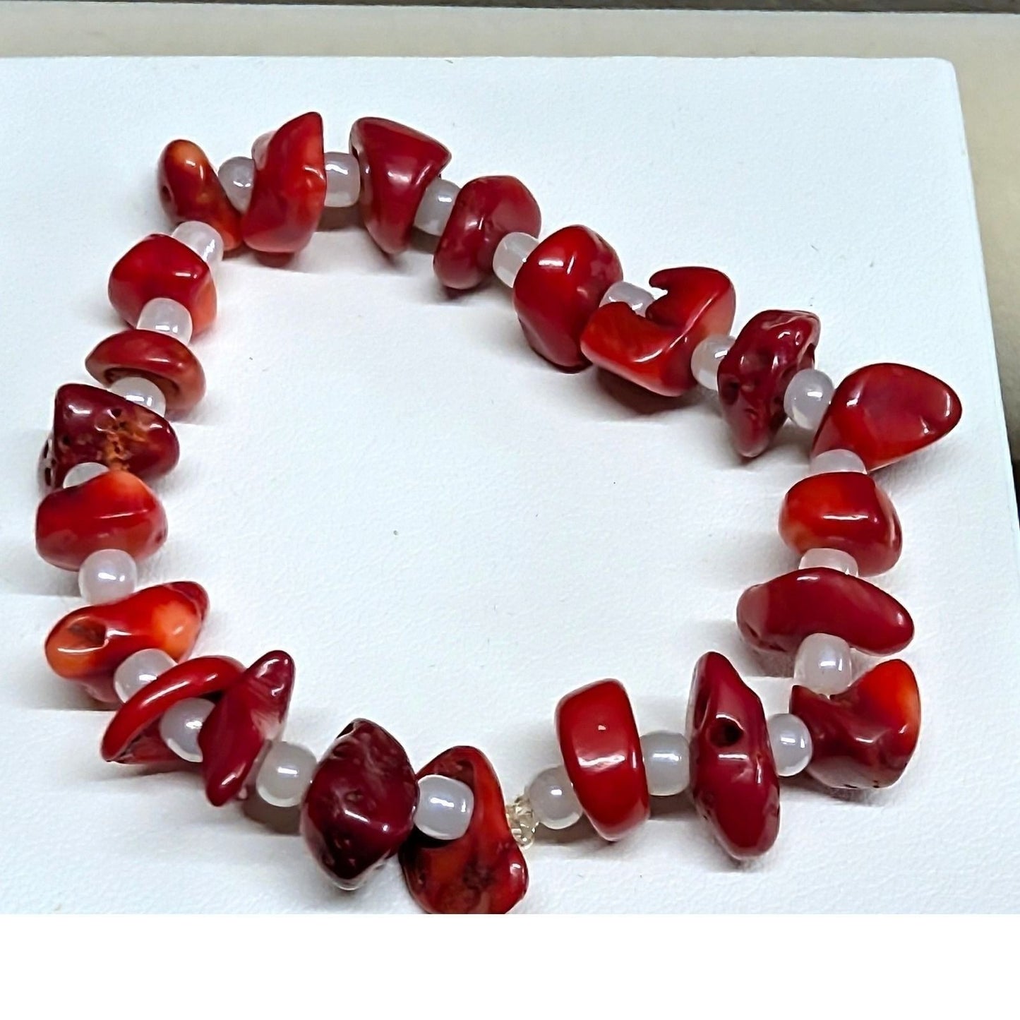 Red Coral ? Nugget Beaded Stretch Bracelet Boho Organic Natural Stone White Bead