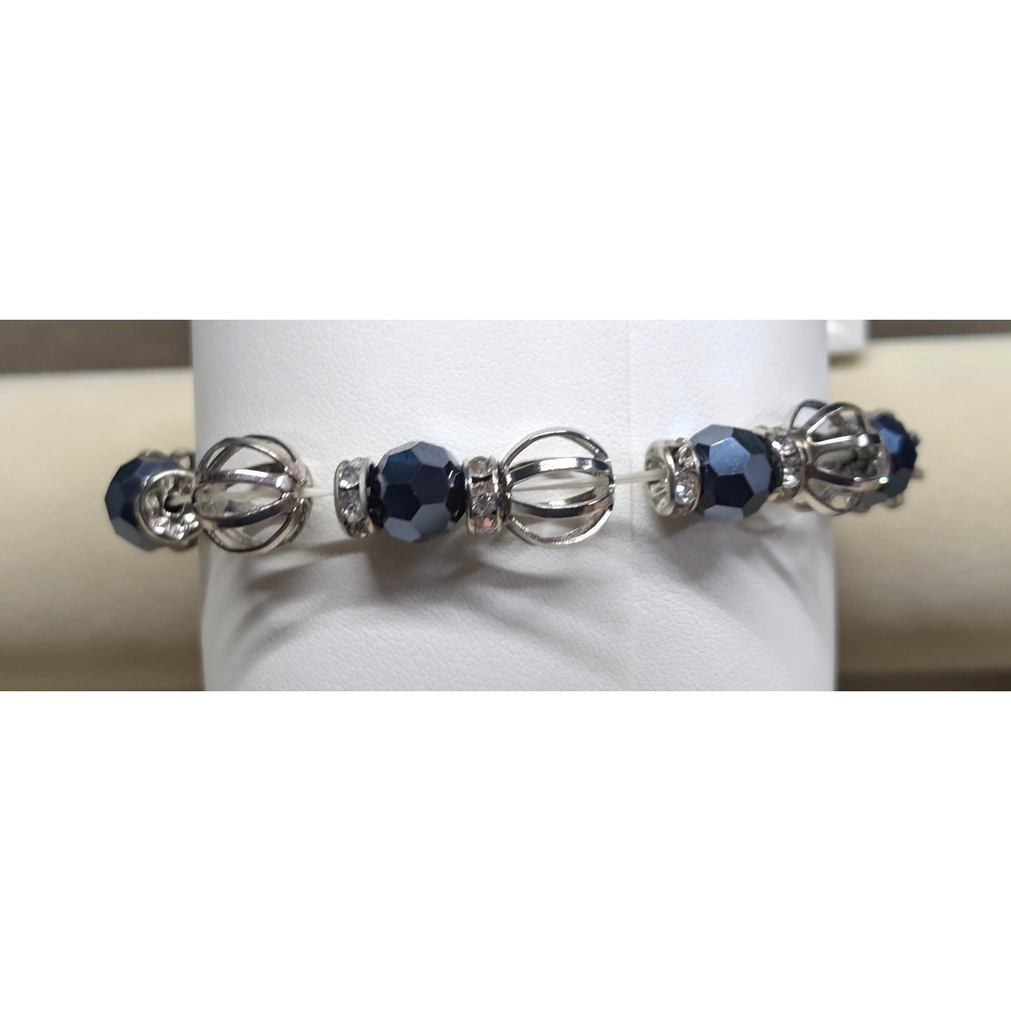 New Beaded Stretch Bracelet Silver Tone Blue Faceted Clear Rhinestone Cage Beads