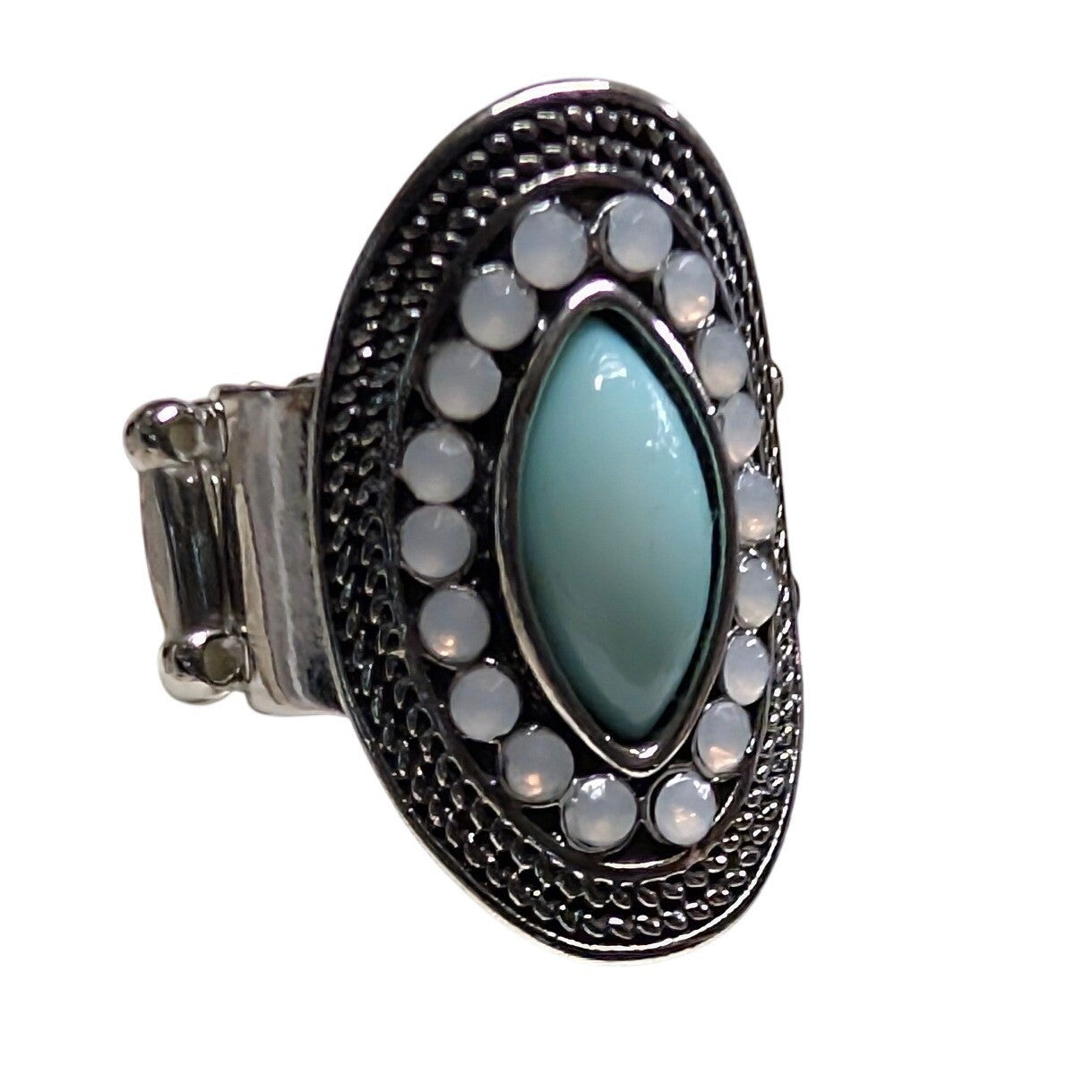 New Oval Turquoise Blue Stone White Halo Ring Silver Tone Stretch Band Boho OSFM
