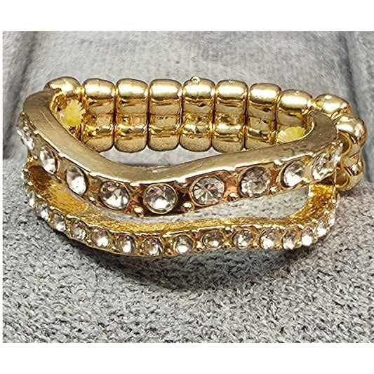 New Double 2 Wave Layers Rows Clear Rhinestone Stretch Ring Band Gold Tone Stack