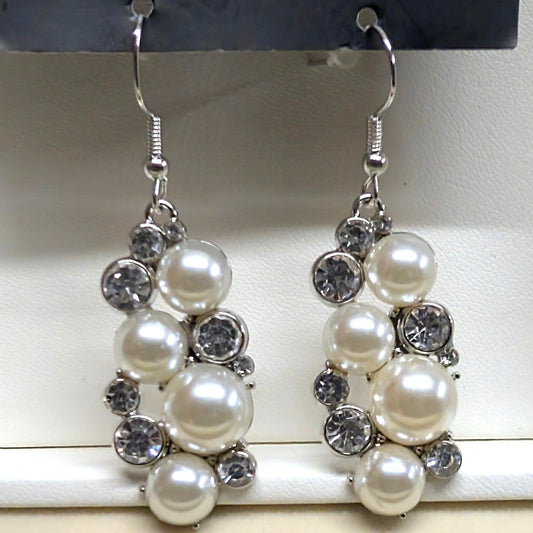 New Faux Pearl Cluster Clear Rhinestone Dangle Earrings Silvertone Wedding Glam