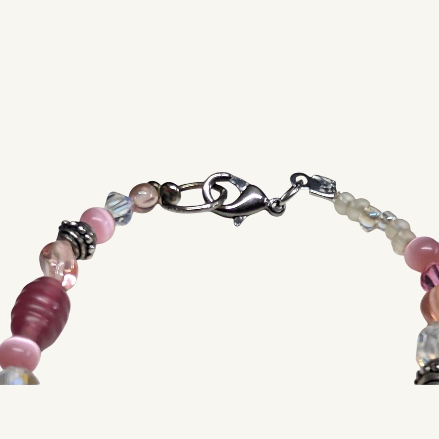 Handmade Pink Beaded Bracelet Pink Cat Eye Silver Tone Crystal Glass 8.5 Large