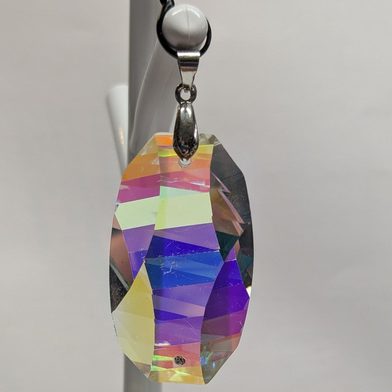New 2+" Crystal Aurora Borealis Pendant AB Iridescent Large Faceted Silvertone