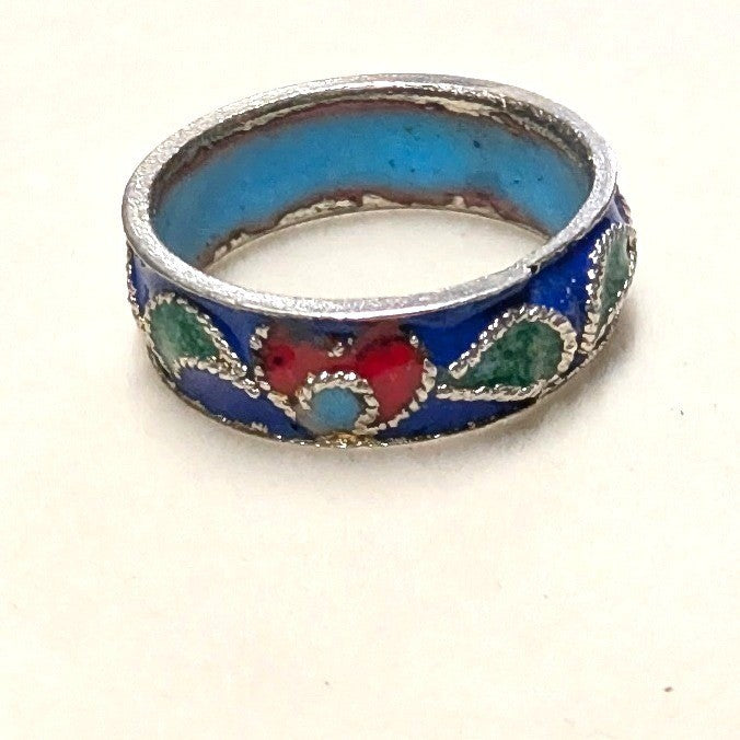 Vintage Cloisonne Enamel Inside Heart Band Ring Size 5.5 Blue Red Green Boho