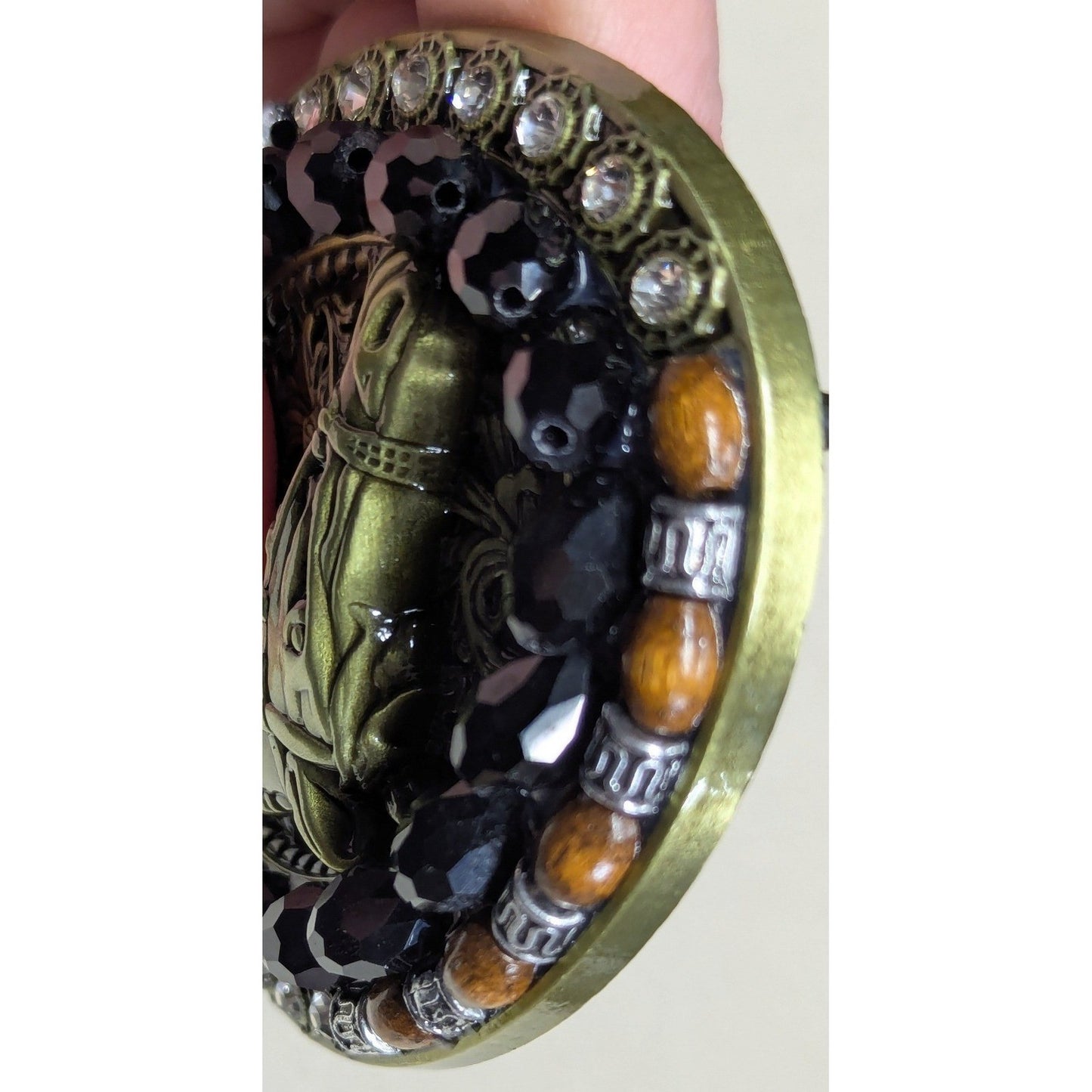 New Horse Head Belt Buckle Gold Tone Black Faceted Beads Clear Rhinestone Beaded