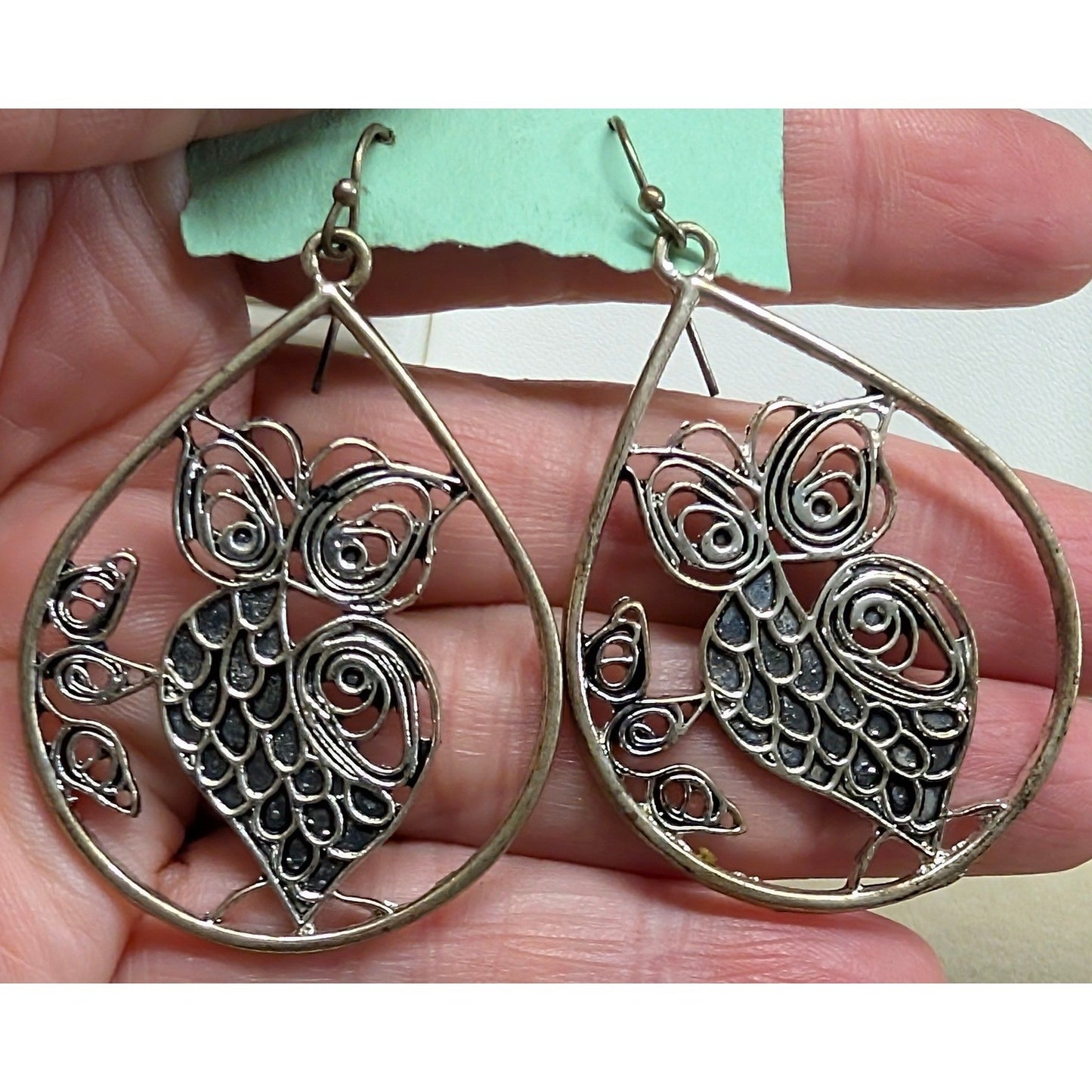 Vintage Owl Filigree Teardrop Dangle Earrings Birds Silver Tone Whimsical