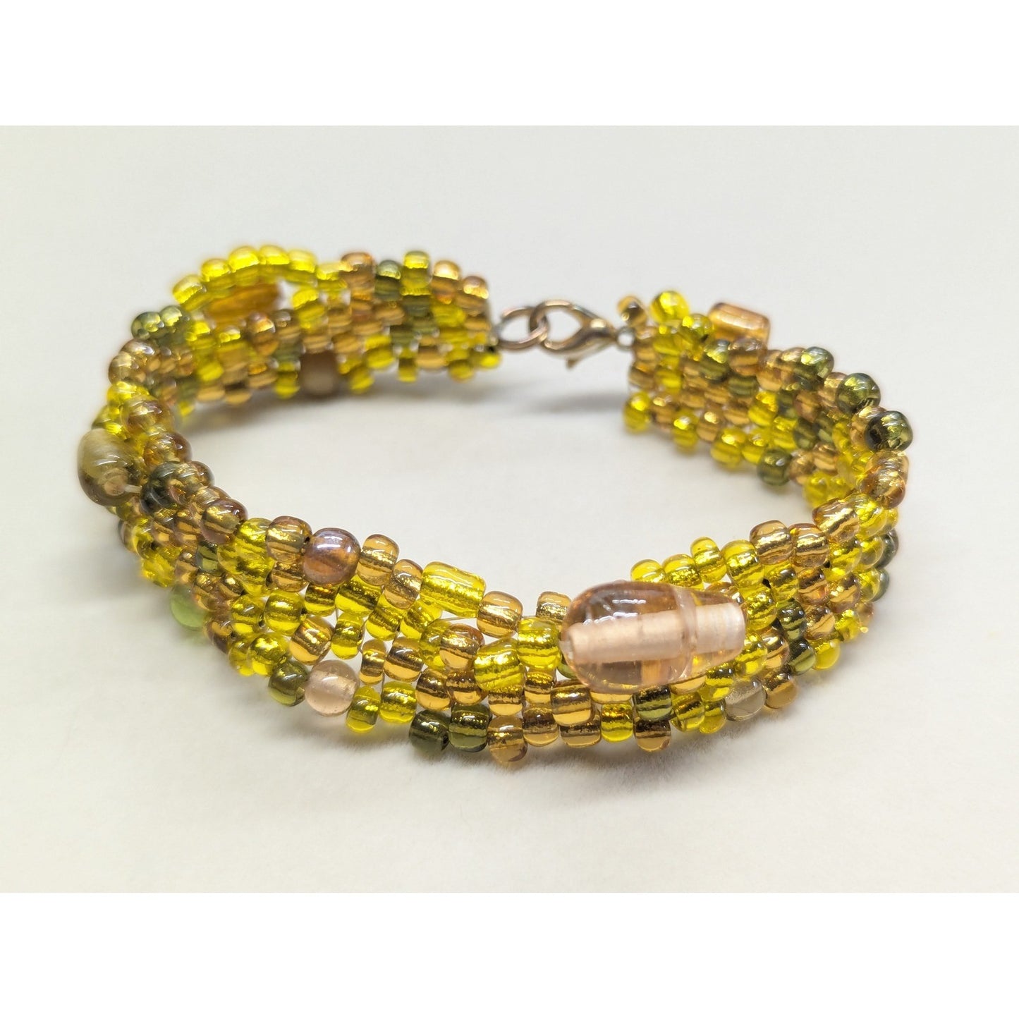Vtg Handmade Beaded Cuff Bracelet Yellow Amber Green Woven Boho Statement 7.5