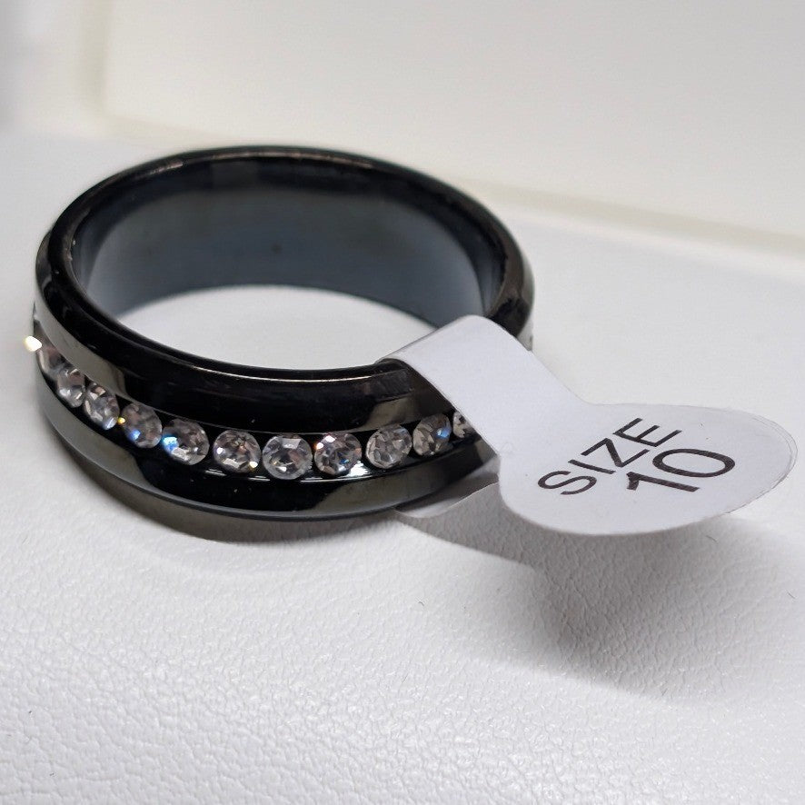 NEW Crystal Eternity Ring PLus Size 10 Black Band Clear Rhinestones Wedding Gift