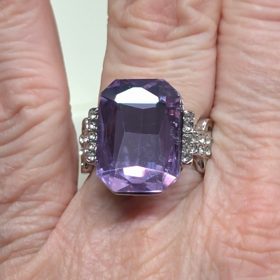 New Purple Emerald Cut Chunky Clear Rhinestone Statement Ring SilverTone Stretch