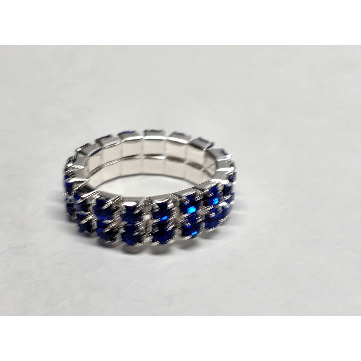 New Blue Rhinestone Stretch Ring Band Two Rows Silver Tone Crystal