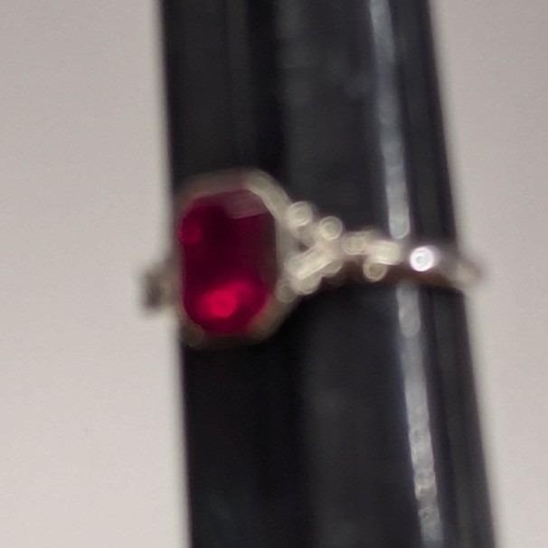 Vintage Uncas Faux Ruby Red Emerald Cut Ring Adjustable Silver Tone Filigree