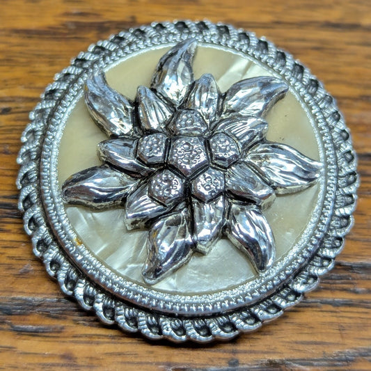 W West Germany Scarf Clip Ring Silver Tone Round Edelweiss Vintage MCM Faux MOP