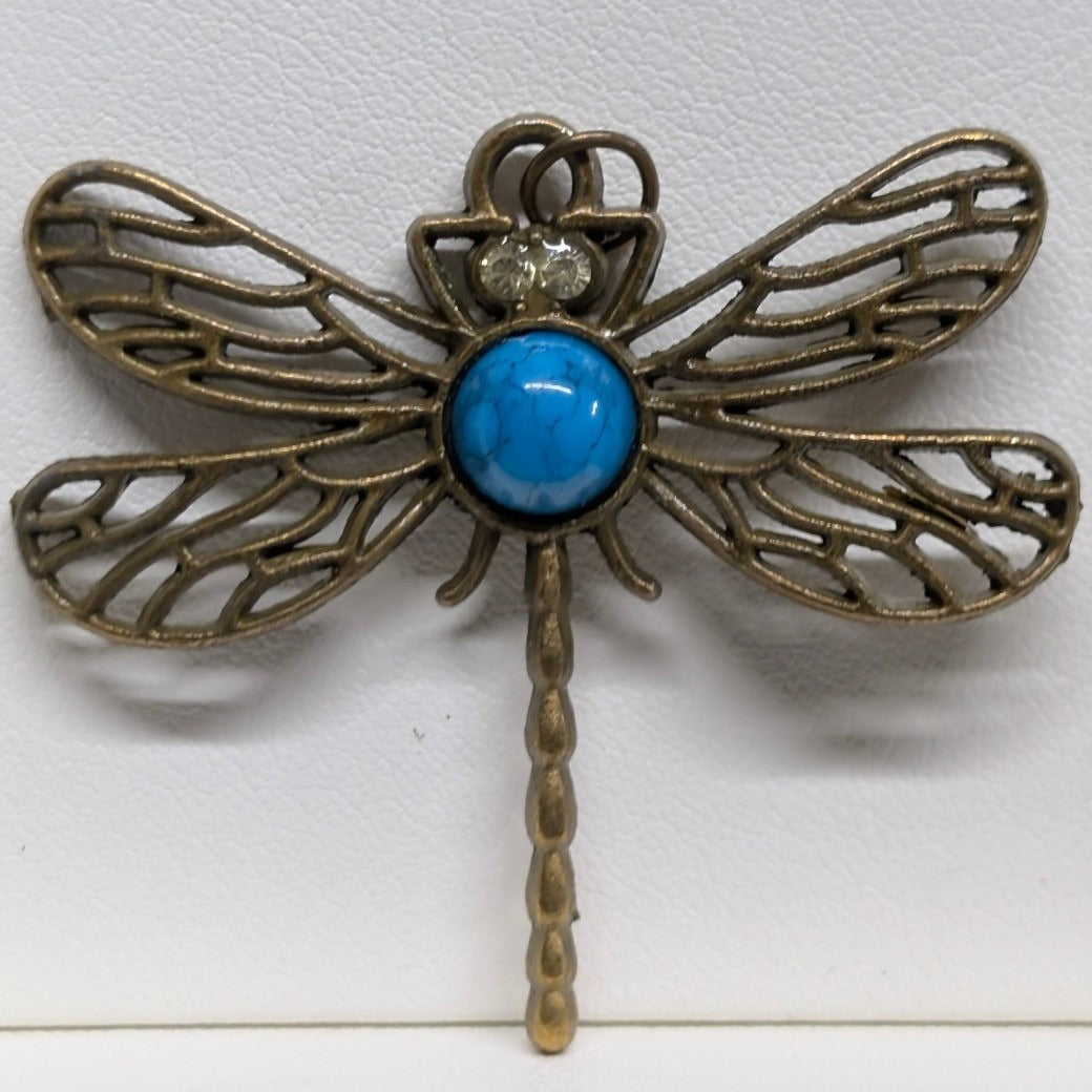 Vtg New Dragonfly Pendant BronzeTone Faux Turquoise Filigree Rhinestone Insect