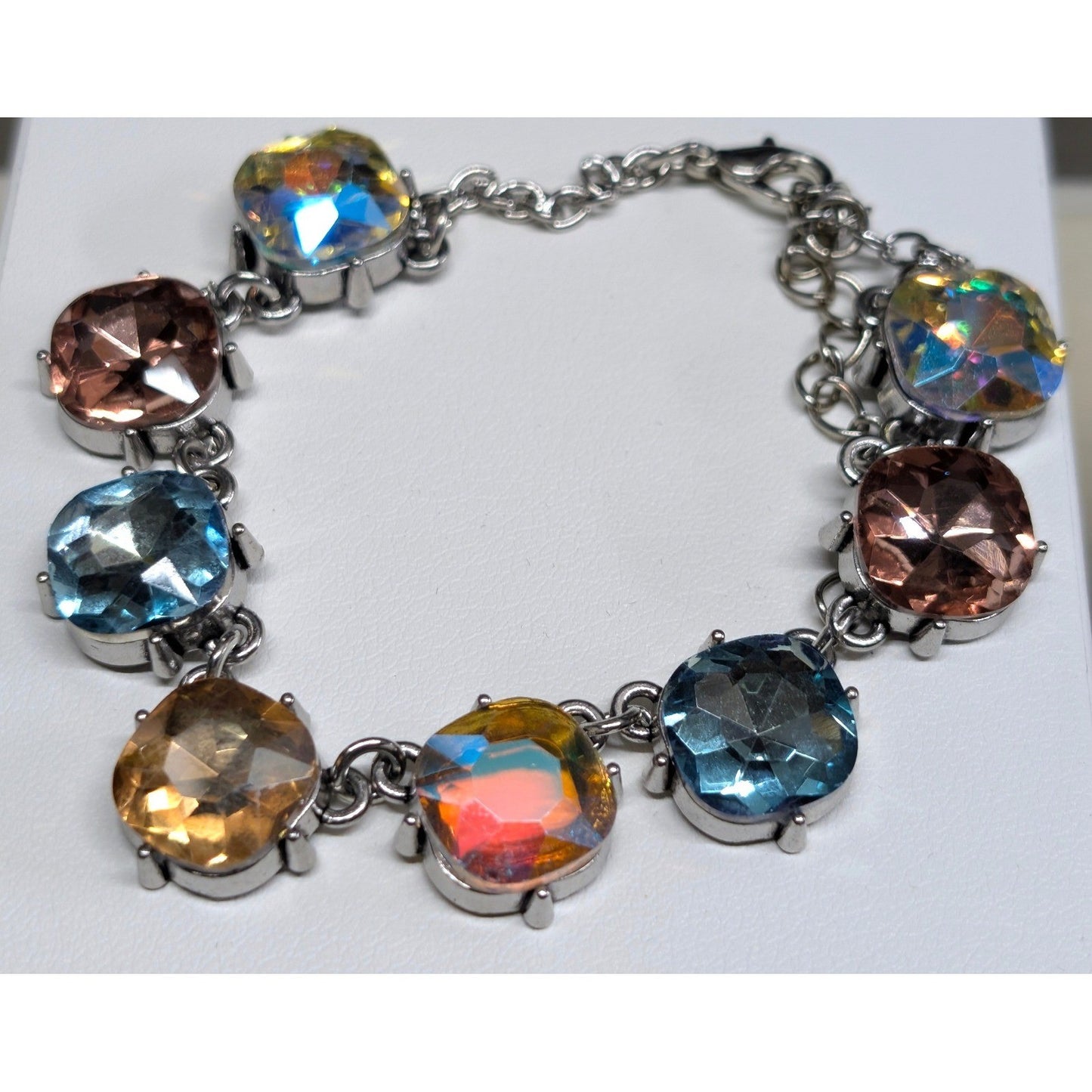 New Multicolor Crystal Link Bracelet Silver Tone Iridescent AB Aurora Borealis