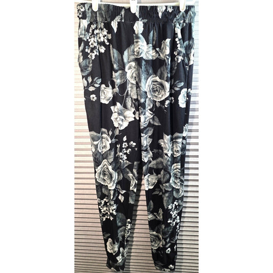 Soft Floral Jogger Pants 1XL Black White Gray Rose Flower Print Elastic Pockets
